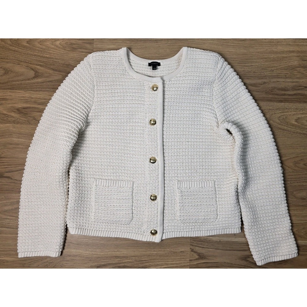 Talbots Kate Cardigan Size Large Ivory Gold Buttons Pockets Chunky Knit - Picture 9 of 9